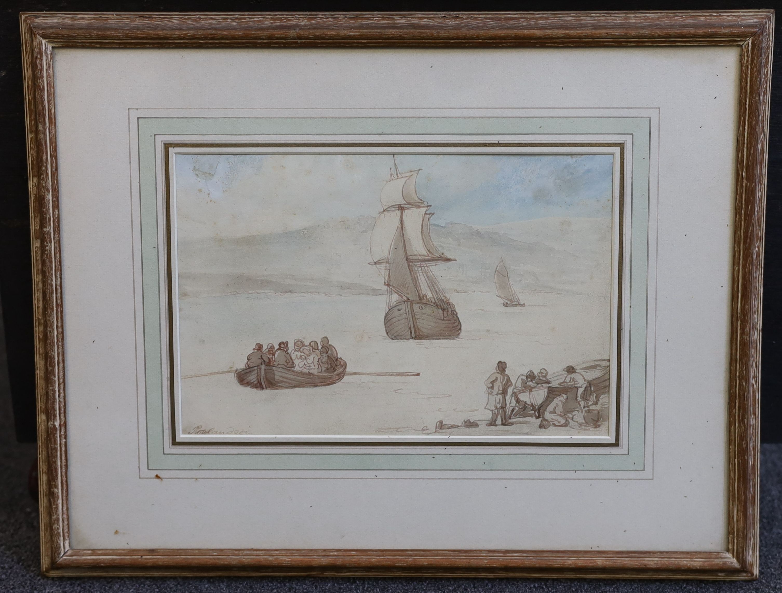 Thomas Rowlandson (1756-1827), 'Embarking', coastal scene with figures in a rowing boat, a sailing ship beyond and boatmen on the shore, ink and watercolour, 17 x 26cm
